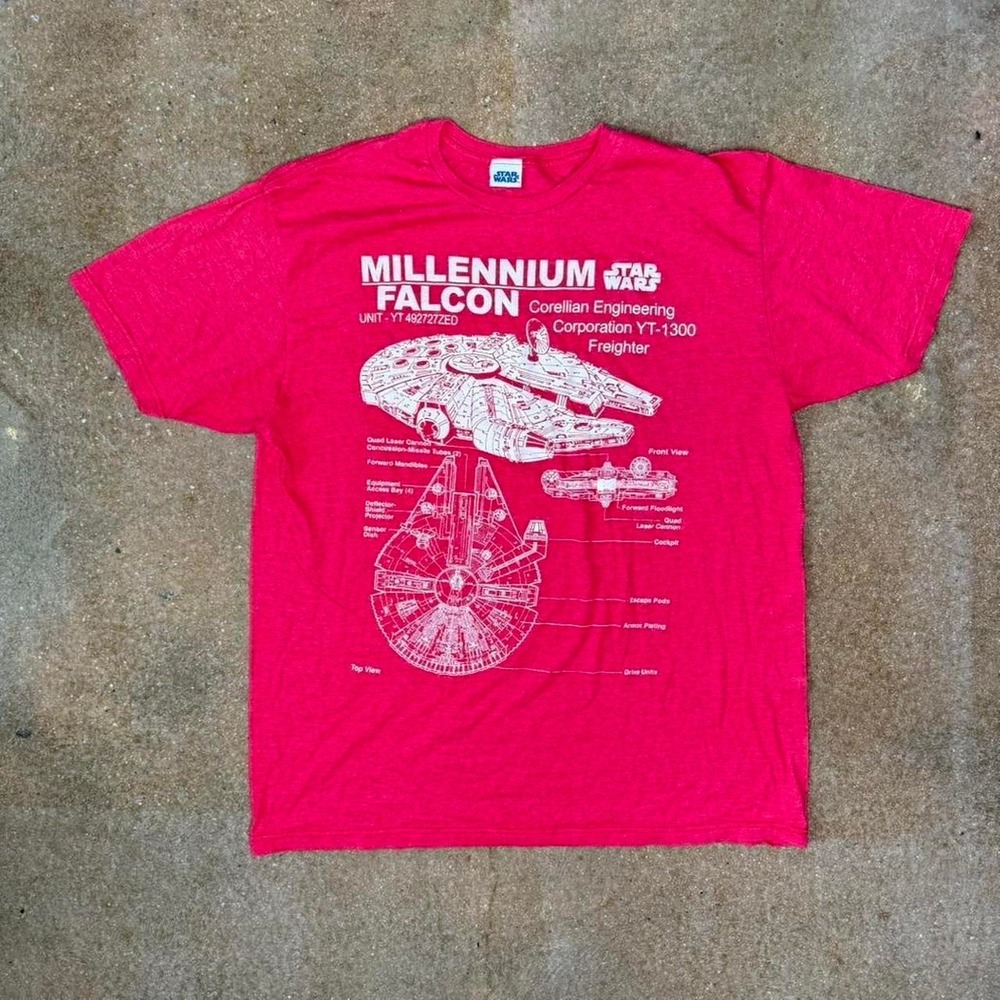 Star Wars Millennium Falcon Blueprint Graphic T-Shirt Mens XL Red Heather Tee